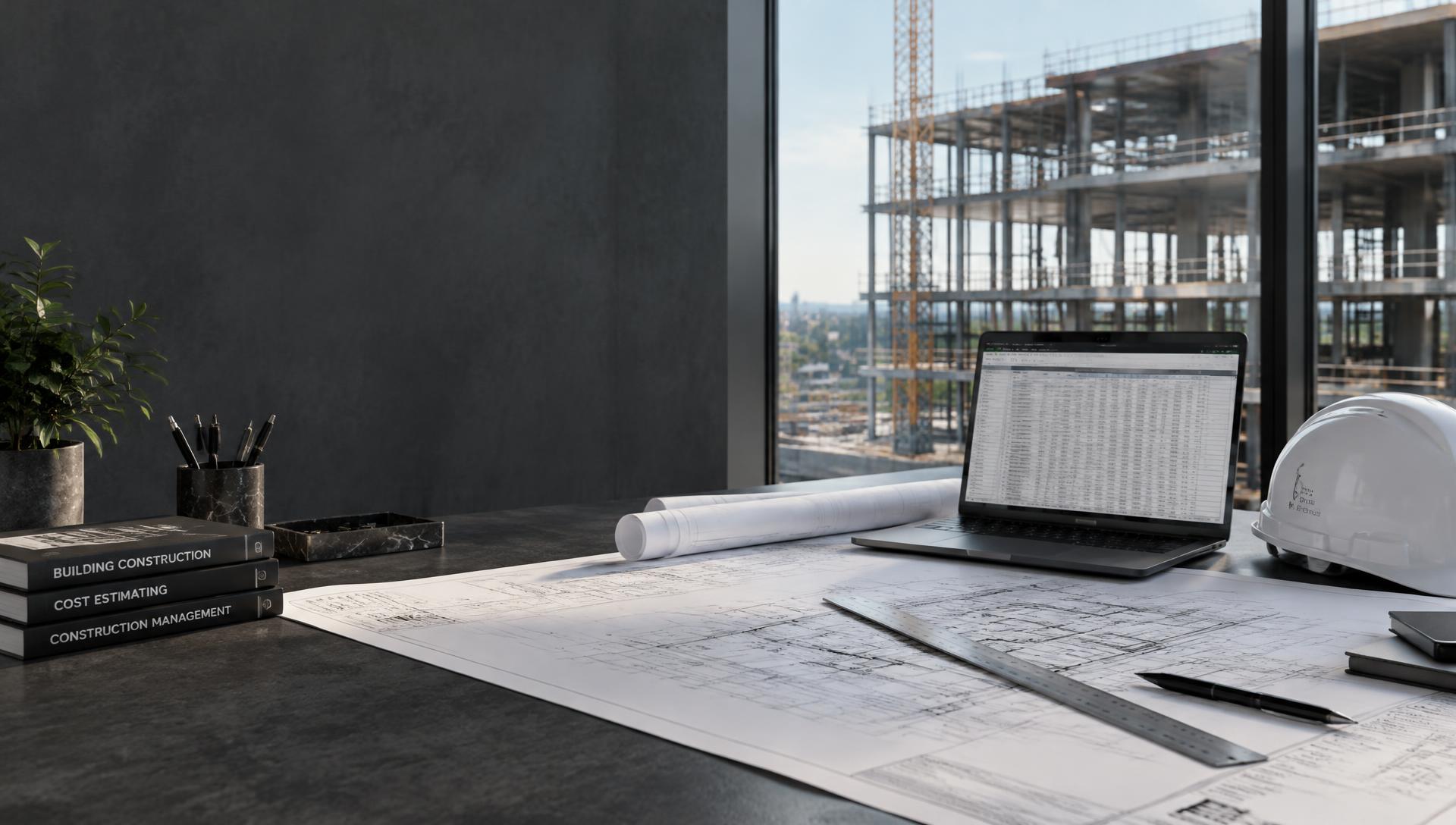 Construction blueprints, cost estimates, and a building under construction